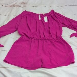 Tyche Women's Large Fuchsia Pink Loose Fit 3/4 Sleeve Romper Elegant Flowy